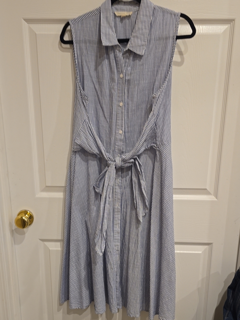 Sleeveless Button-Down Tie-Waist Stripe A Line Dress - Blue & White Large